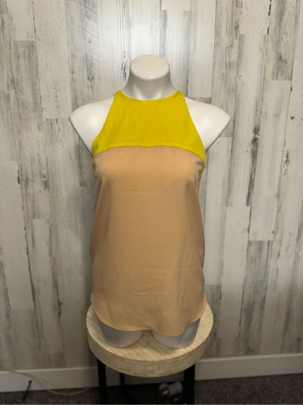 Zara Basic Colorblock High Neck Halter Tank Top Yellow Beige Womens XS Zip Back